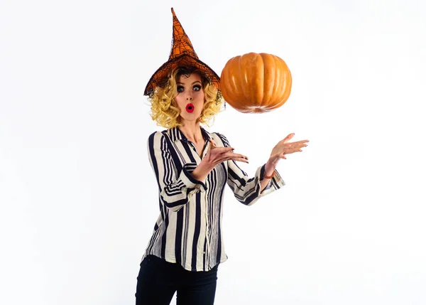 Fiesta Halloween Truco Trato Mujer Con Sombrero Bruja Calabaza Jack —  Fotos de Stock