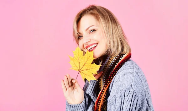 Autumn Happy Woman Warm Clothes Yellow Leaves Beautiful Girl Knitted — Stock Photo, Image