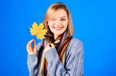 Sonbahar. Akçaağaç yapraklı gülümseyen kadın portresi. Sıcak örgü süveter ve fular içinde mutlu bir kız.