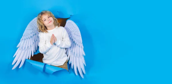 Valentine banner. Little cupid angel child with wings with prayer hands, hope and pray concept