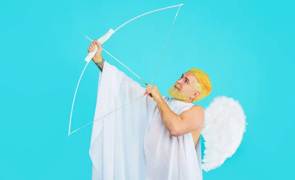 Valentines day cupid. Male angel aiming up with bow and arrow. God of love. February 14