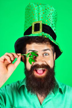 Saint Patricks Day celebration. Four leafed clover. Patricks Day green shamrock. Happy man in green top hat on Patrick Day. Irish traditions. Bearded leprechaun with shamrock. Patrick day party