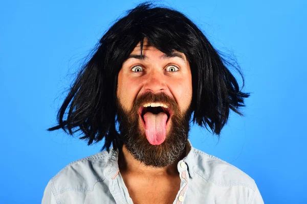Funny Bearded Man Black Wig Shows Tongue Happy Man Beard — Stock Photo, Image