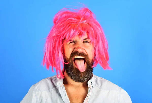Funny Bearded Man Pink Wig Shows Tongue Winking Man Beard — Stock Photo, Image