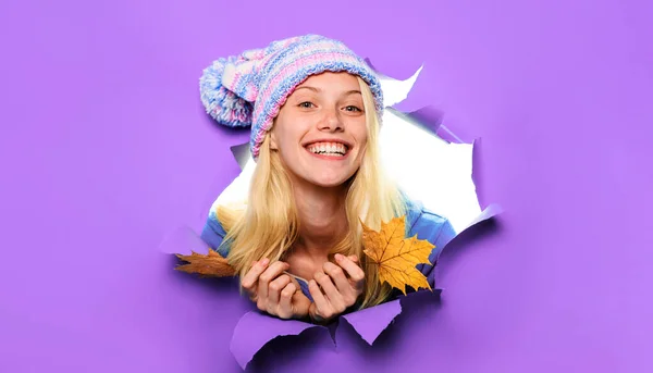 Happy Girl Knitted Beanie Hat Maple Leaves Looking Paper Hole Stock Picture