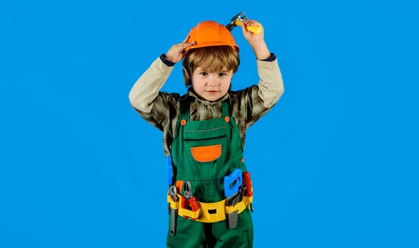 Little Child Repairman Builder Uniform Toolbelt Hammer Small Kid Boy — Stock Photo, Image