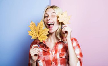 Sonbahar yapraklı, şık giyinmiş mutlu bir kız. Akçaağaç yapraklı ekose gömlekli sonbahar kadın mankeni. Kadınlar için sonbahar giysileri. Göz kırpan güzel bir kadın. Sonbahar modası. Sezon indirimi