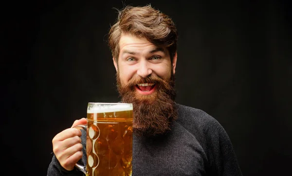 Enjoying Draft Beer Happy Bearded Man Drinking Beer Bar Alcohol — Stock Photo, Image