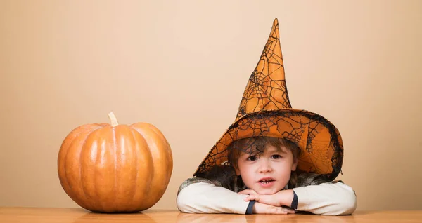 Little kid boy in witch hat with Halloween pumpkin. Preparation for Halloween holiday. Thanksgiving day cooking. Halloween child with jack-o-lantern pumpkin. Trick or treat. Halloween sales. Discount