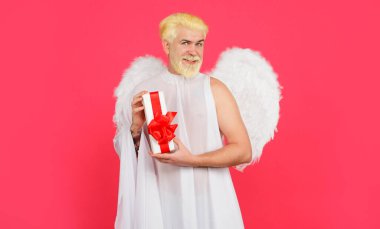 Sevgililer Günü kutlaması. Sevgililer Günü hediyesiyle melek kanatlarıyla gülümseyen sakallı adam. Melek kostümlü, hediye kutulu bir erkek. Romantik duygular. Aşk. 14 Şubat. Sevgililer günü indirimi. İndirim