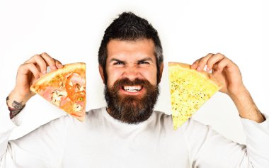 - Pizza. Günlük giysili sakallı bir adam ve iki dilim lezzetli pizza. Fast food. İtalyan mutfağı. Öğle ya da akşam yemeği. Elinde lezzetli pizzalar olan yakışıklı bir adam. Pizzacı ya da restoran reklamı