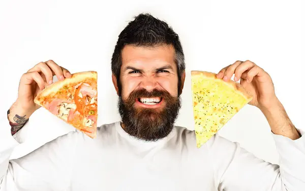Pizza Een Man Met Baard Casual Kleding Met Twee Lekkere Stockfoto