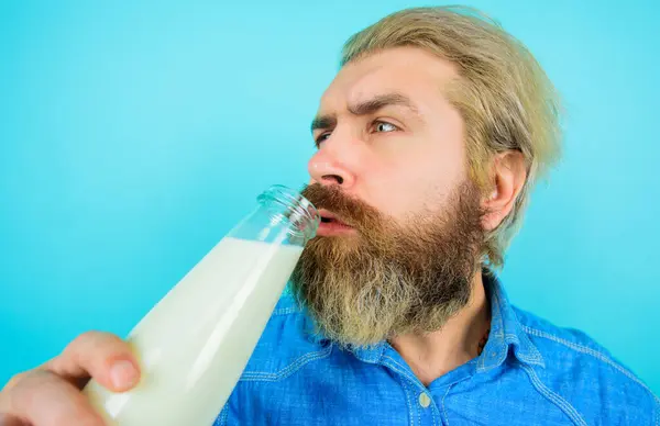 Bearded Man Drinks Fresh Milk Handsome Man Denim Shirt Bottle lizenzfreie Stockbilder