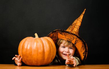 Cadılar Bayramı çocuğu balkabaklı cadı şapkası takıyor. Şeker mi şaka mı? Elinde balkabağı feneri olan gülümseyen çocuk. Cadılar Bayramı partisi için hazırlık. Cadılar Bayramı 'nda sihirli balkabağı olan tatlı çocuk. Cadılar Bayramı indirimi ve alışveriş