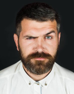 Erkek portresi. Şık gömlekli, ciddi sakallı bir adam. Resmi kıyafetler içinde başarılı bir iş adamı. İş, moda ve giysi. Modern saçlı, sakallı yakışıklı bir adam. Düşünceli yakışıklı erkek model.