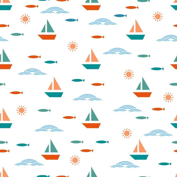 Sea Sailing Ship Cute Landschap Vector Graphic Seamless Pattern Kan — Stockvector