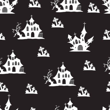 Kabus Gölgeleri Köyü Peyzaj Vektörü Kusursuz Deseni arkaplan ve giysi tasarımı için kullanılabilir