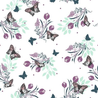 Güzellik Kelebeği Danteli ve Çiçek Bahçesi Vektör Deseni arka plan ve giysi tasarımı için kullanılabilir