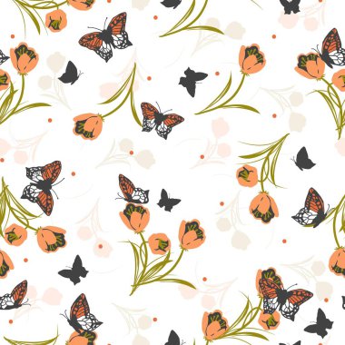 Kelebek ve Çiçek Karmaşık Meadow Vektör Deseni arka plan ve giysi tasarımı için kullanılabilir
