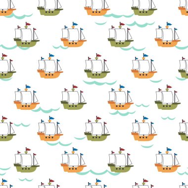Yelken Uzaktaki Okyanus Macera Vektörü Deseni arka plan ve giysi tasarımı için kullanılabilir