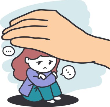 Kederli Vektör Sanatında Yansıtıcı Anlık Teselli Kızı. İllüstrasyon, bir anlık duygusal hassasiyeti ve üzüntü zamanlarında rahatlamaya duyulan evrensel ihtiyacı yakalar..