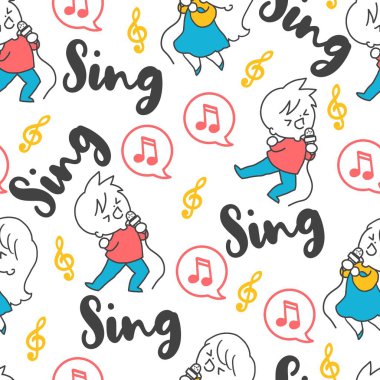 Mutlu Çocuklar Müzik Notalarıyla Şarkı Söylüyor Sanat arka plan, şablon ve giyim tasarımı için kullanılabilir