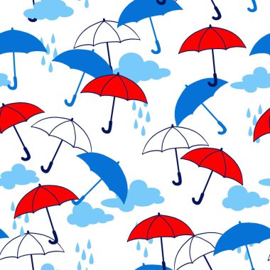 Yağmurlu Gün Yürüyüşü Renkli Şemsiyeler ve Bulutlar arka plan ve giysi tasarımı için kullanılabilir