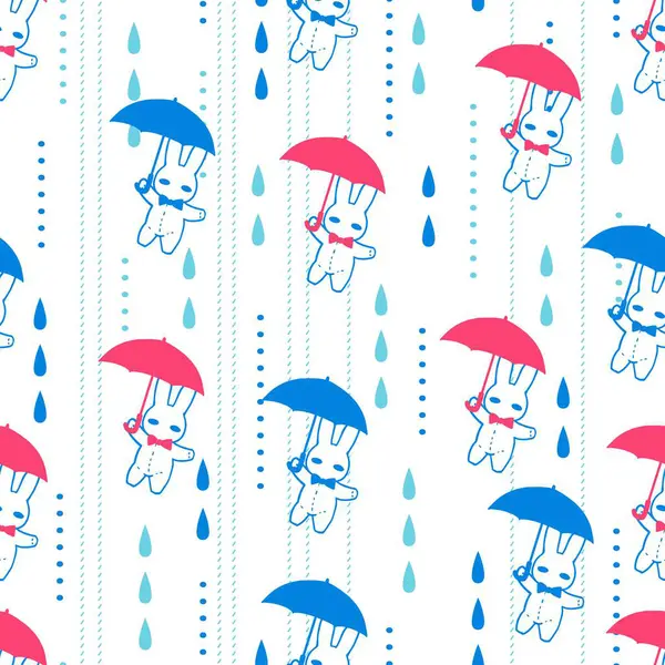 stock vector Flying Umbrella Bunny Wet Rainy Adventure Pattern. This seamless design is ideal for use in digital and print media, including textiles, wallpapers, and stationery