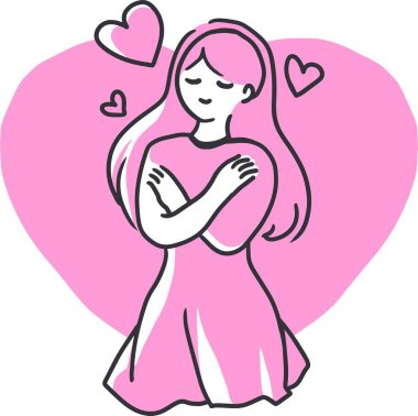 Yürekten Sarıl Kendini Sevmenin Sıcaklığı Vektör Sanatı. Zihinsel sağlık farkındalığını arttırmak için idealdir. Bu imaj, birini sevmenin ve kendini kabul etmenin önemini güzel bir hatırlatıcı olarak hizmet eder..