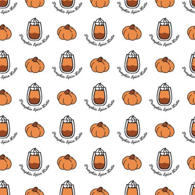 Balkabağı Baharatlı Latte ve Kupa Sanatında Sonbahar. Ev dekorasyonu tekstilini geliştirmek, şenlikli kıyafetler yaratmak ya da sonbahar sezonu için eşsiz aksesuarlar yapmak için mükemmel.