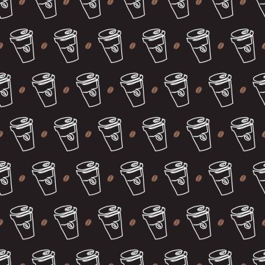 Kafeinli Doodle Coffee Take Cup Deseni. Bir kahve dükkanını dekore etmek için mükemmel, benzersiz barista üniformaları yaratmak, ya da kahve temalı aksesuarlar yapmak için.