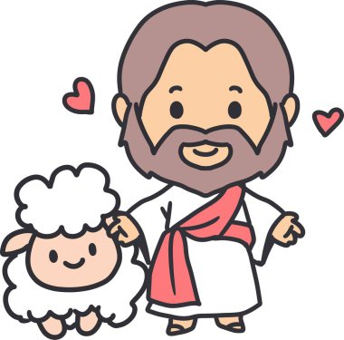 Pazar Okulu için koyunlu neşeli İsa Mesih. Pazar okulu malzemeleri, dini eğitim içeriği, ya da Hıristiyan temalı dekorasyonlar, çocuk kitapları, etkinlik davetiyeleri için mükemmel.