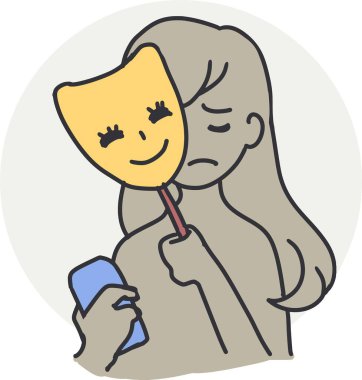 Hiding True Feelings Woman with Happy Mask Art. This graphic is perfect for discussions about mental health, social media's impact on well-being, and the importance of authenticity clipart