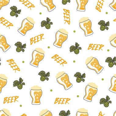 Hops desenli köpüklü bira bardakları için şerefe. Bar dekorasyonu, bira festivali kıyafetleri veya bira ticareti için ideal. Bira meraklıları ve sıradan içiciler için de uygun.