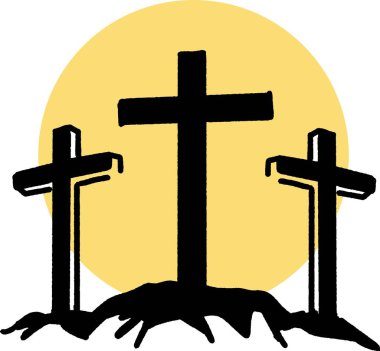 Günbatımında Calvary Silhouette İnanç Haçları. Kutsal hafta, Paskalya ya ya da herhangi bir dini törende kullanmak için idealdir. Bu görüntü fedakarlık, kefaret ve ilahi aşk temalarıyla yankılanır..
