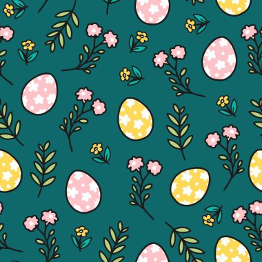 Yeşil yapraklı, çiçekli ve yumurtalı Paskalya deseni. Paskalya temalı el sanatları, tebrik kartları, dijital duvar kağıtları ve bahar festivali dekorasyonu için ideal, oyuncu ve zarif bir dokunuş eklemek için mükemmel.