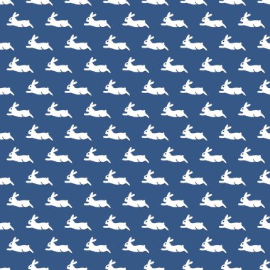 Maviye Atlayan Oyuncu Beyaz Tavşanlar. Bu pürüzsüz vektör deseni Paskalya temalı projeler, çocuk tasarımları, çocuk dekorasyonu ve bahar esinlenilmiş el sanatları için mükemmeldir..