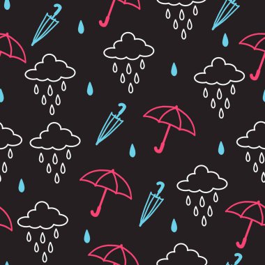 Neşeli Kara Yağmur Bulutu Şemsiye Hava Modeli. Yağmur, hava, doğa, çocuk projeleri, kumaşlar, duvar kağıtları ve kırtasiye malzemeleri ile ilgili tasarımlar için mükemmel.