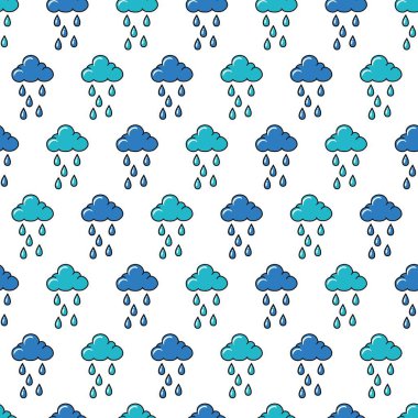Bulutlu ve Yağmur Damlalı Yağmur Temalı Desen. Yağmur, hava, doğa, çocuk projeleri, kumaşlar, duvar kağıtları ve kırtasiye malzemeleri ile ilgili tasarımlar için mükemmel.