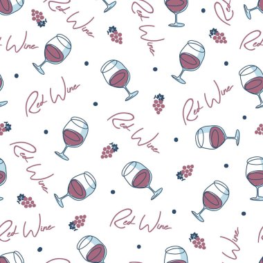 Klasik Doodle Kırmızı Şarap İçeceği Cam Desenli Sanat. Şarap severler ve hayranlar için ambalaj, duvar kağıtları, tekstil ve dijital baskılar için mükemmel.