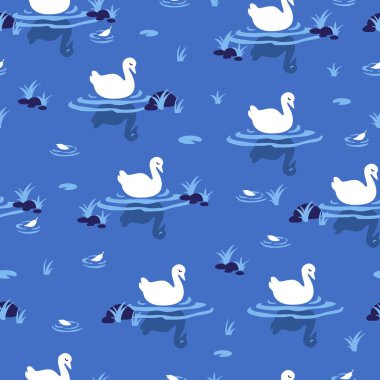 Zarif Beyaz Kuğu ve Göl Yansıma Kalıbı. Narin su bitkileri ve dalgalanmaları huzurlu bir göl sahnesi yaratarak bu deseni kumaş izleri, duvar kağıtları ve dijital arka planlar için ideal hale getiriyor.