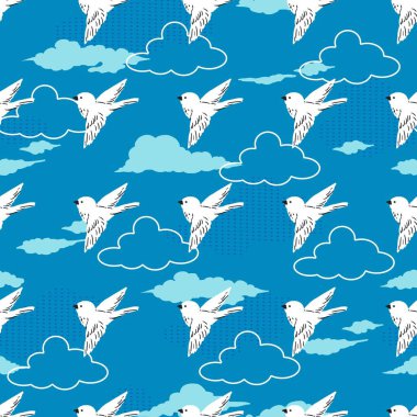 Uçuş Beyaz Tüylü Gölgeler Mavi Güneşli Gökyüzü Deseni arka plan ve giysi tasarımı için kullanılabilir