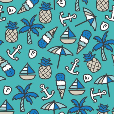 Eğlenceli Cesur Yaz Cenneti Tatil Şablonu. Plaj temalı projeler, yaz tatili baskıları, kumaş tasarımları, duvar kağıtları ve tropikal tatil ürünleri için mükemmel..