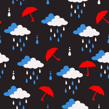 Gece Yağmuru Kırmızı Şemsiye Valsi Şablonu. Bu tasarım mevsimsel dekor, hava ile ilgili eğitim materyalleri veya yağmur giysisi tasarımları için de uygundur..