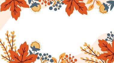 Dekoratif Sonbahar Çiçek Kırsal Çerçevesi. Renkli mevsimlik yapraklar ve çiçeklerle süslenmiş sonbahar çiçekleri. Sonbahar temalı doğa tasarımları, davetiyeler ve mevsimlik dekorasyonlar için mükemmel..