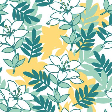 Soyut Beyaz Lily ve Yeşil Yaprak Doğa Şablonu. Kusursuz soyut çiçek deseni, bahçe, botanik, çiçek ve doğadan esinlenilmiş yüzey tasarımları için ideal..