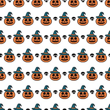 Cadı Şapkalı Komik Balkabağı Surat. Cadılar Bayramı temalı ambalajlar, kumaşlar ve parti dekorasyonları için mükemmel.