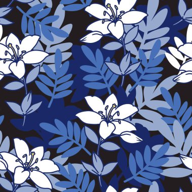 Soyut Mavi Bahçe Zambakları Çiçek deseni. Kusursuz çiçek vektör deseni, botanik baskılar, tekstil tasarımı ve zarif doğa temalı projeler için ideal..