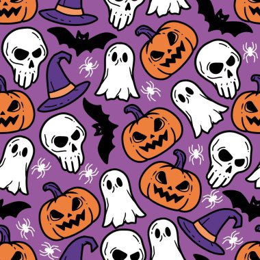 Hayaletler, Yarasa Kafatası, Balkabağı, Ürkütücü Şablon. Eğlence ve ürpertici tasarım Cadılar Bayramı süslemeleri, parti malzemeleri, dijital arka planlar ve ambalaj kağıtları için mükemmel..