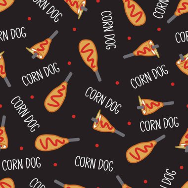 Ketçaplı Fun Night Street Food Corn Dog Sticks. Yemek temalı ambalaj, sokak yemekleri markalaşma, tekstil baskıları, kafe dekorasyonu ve eğlenceli abur cubur çizimleri için mükemmel..